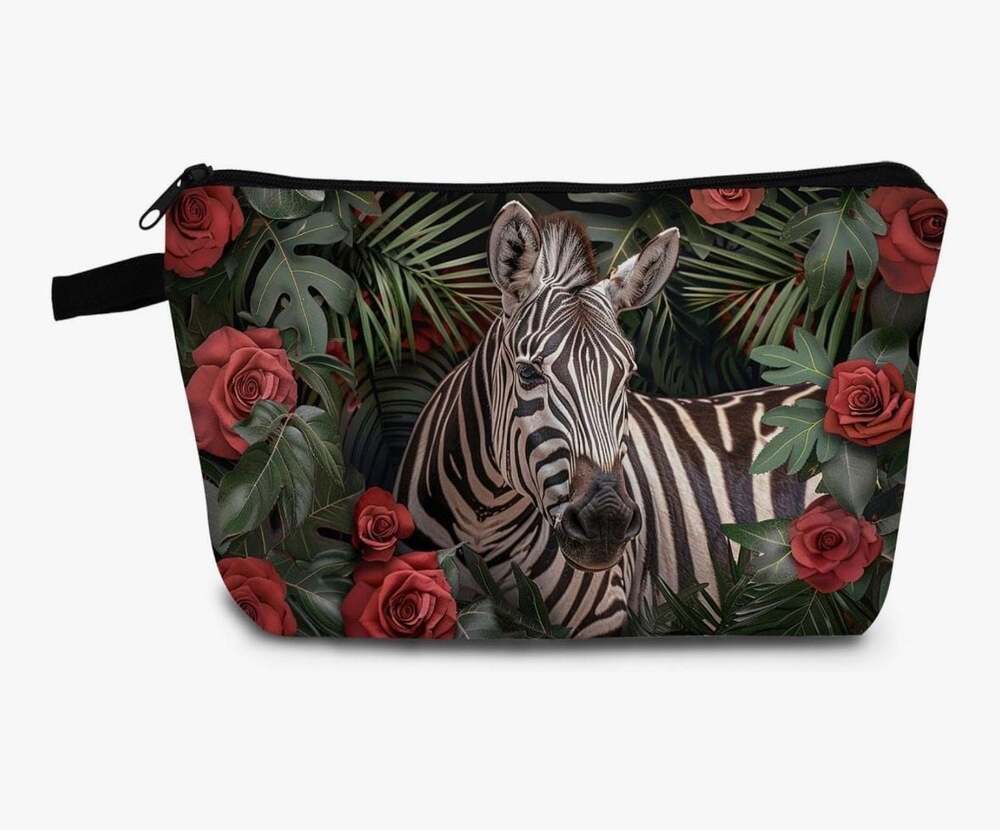 YULUENZE Floral Zebra Print Makeup Bag Zippered Cosmetic Organizer Pouch